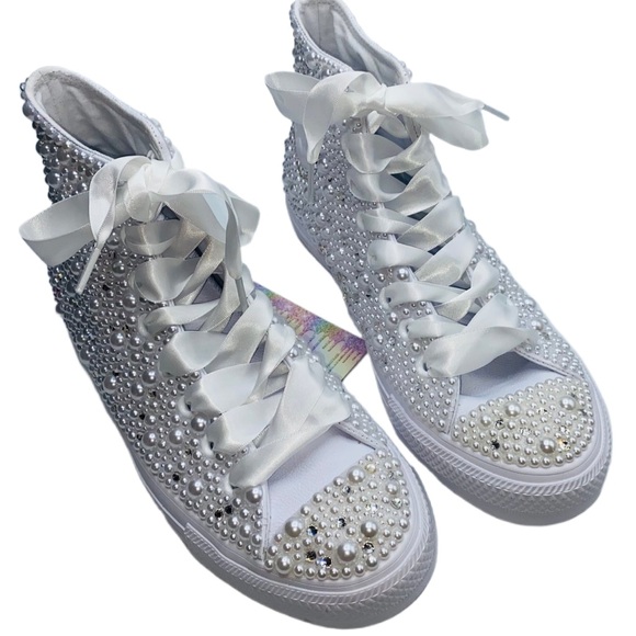 Crystal Diamond & Pearls High Top Converse Sizes 5-14 New With Ribbon Laces - Picture 5 of 15